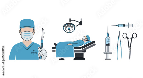 Surgeon holding scalpel with surgical tools and patient on operating table illustration.