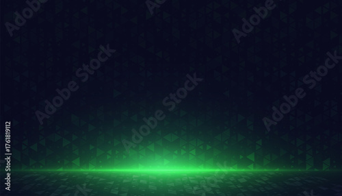 Abstract vector background with a vivid green glow on the horizon, soft digital particles and a reflective floor. Futuristic light stage for tech banners, UI headers, presentations and motion design.