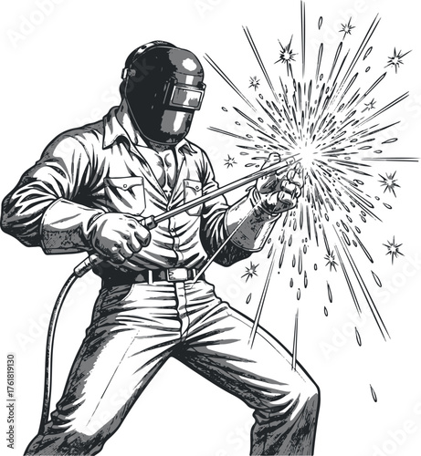 Welder at Work: A skilled welder, protected by a helmet and gloves, meticulously works with sparks flying, demonstrating industrial craftsmanship and the art of metalwork.