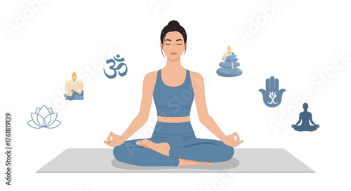 Woman Meditating in Lotus Pose Surrounded by Spiritual Symbols.