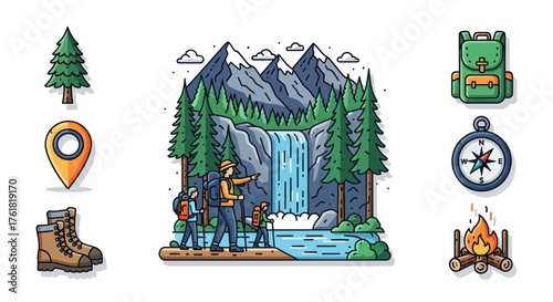 Group of Hikers Exploring Majestic Waterfall in Mountainous Landscape.