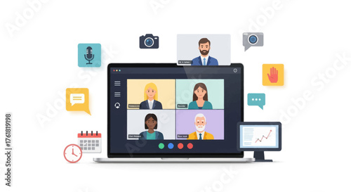 Diverse group of people participating in a virtual video conference meeting on a laptop screen.