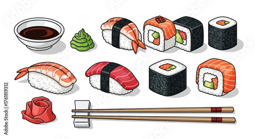 Assortment of Fresh Sushi and Accompaniments.