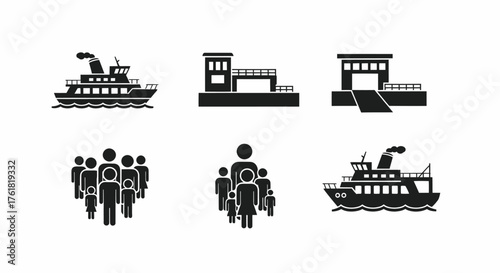 A collection of black silhouette icons representing ferry transportation including boats terminals and passengers.