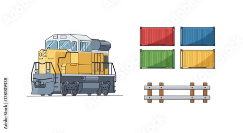 Colorful Cargo Train Locomotive with Shipping Containers and Railroad Tracks.