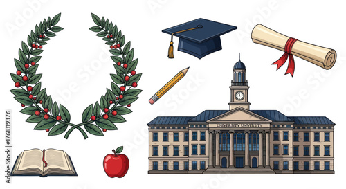Graduation and Education Symbols: Laurel Wreath Cap Diploma Book Apple Pencil and University Building.