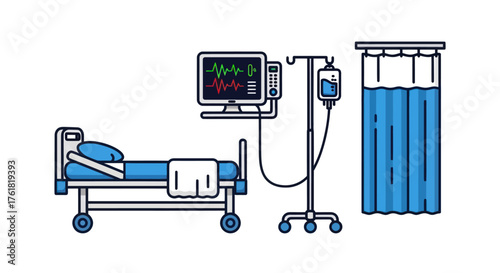 Medical hospital room setup with patient bed vital signs monitor IV drip and privacy curtain.