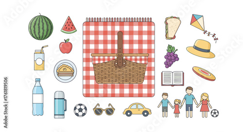 Assortment of Picnic Items and Family Figures for Outdoor Leisure.