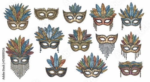 Watercolor illustration set of various festive masquerade ball masks with colorful plumage.