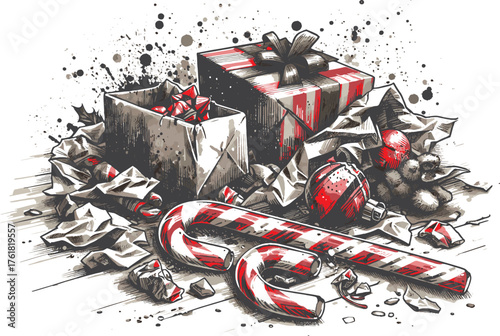 A lively Christmas still life showing torn wrapping, candy canes, gift boxes and scattered paper. Bright, chaotic, and festive—conveying the joy and mess of gift giving during the holidays