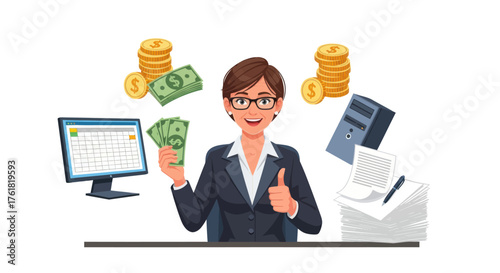 Successful Businesswoman with Money Computer and Office Equipment.