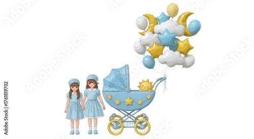 Adorable Baby Carriage with Two Dolls and Celestial Themed Balloons.