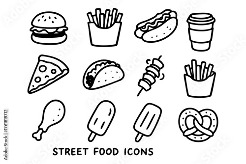Street food doodle line icon set – fast food and snack vector illustration