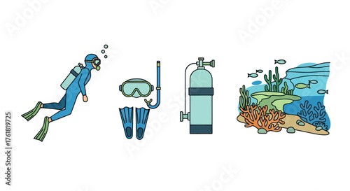 Scuba Diving Equipment and Underwater Scene Illustration.