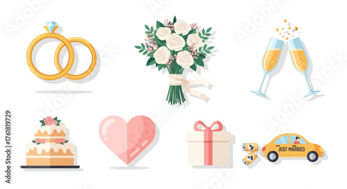 Collection of wedding-themed icons including rings bouquet cake and champagne.