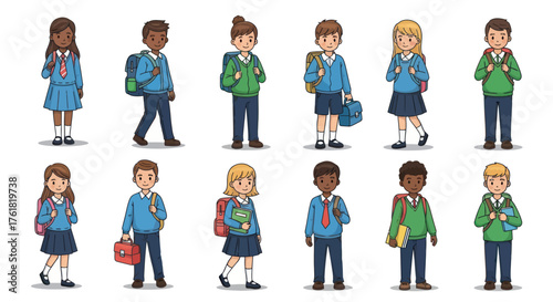 Diverse group of cartoon children in school uniforms with backpacks.