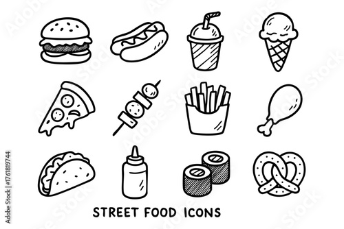 Street food doodle line icon set – fast food and snack vector illustration