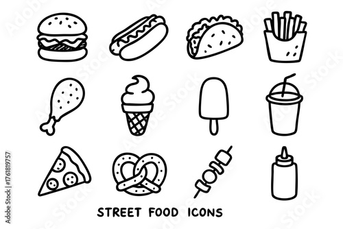 Street food doodle line icon set – fast food and snack vector illustration