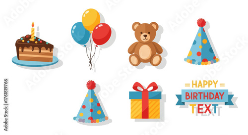 Birthday Party Elements: Cake Balloons Teddy Bear Party Hats and Gift.