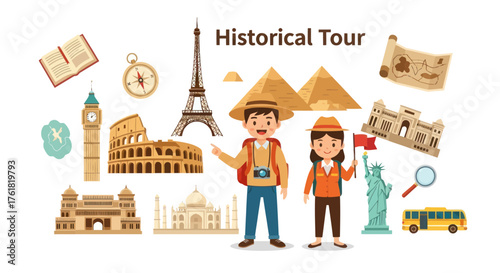 Diverse Historical Landmarks and Tourists on a Global Adventure.