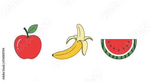 Vibrant cartoon fruits: red apple peeled banana and watermelon slice illustration.