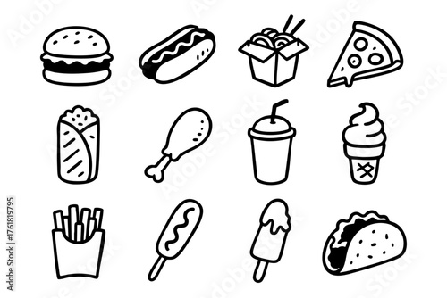 Street food doodle line icon set – fast food and snack vector illustration
