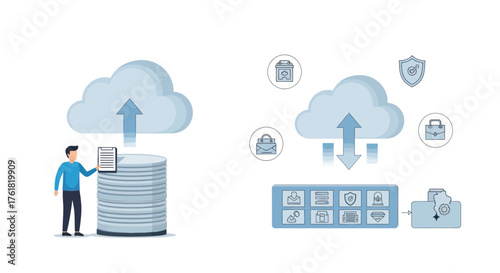 Digital Cloud Storage and Data Transfer with Security Icons.