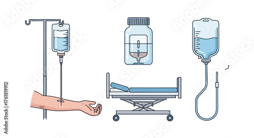 Medical IV Drip Hospital Bed and Treatment Equipment Illustration.