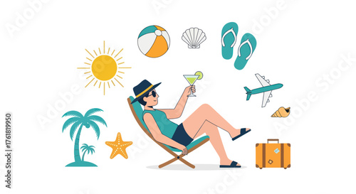 Man Enjoying Summer Vacation with Cocktail and Travel Icons.