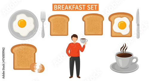 Breakfast Set Illustration: Fried Eggs Toast Coffee and a Person Holding a Cup.