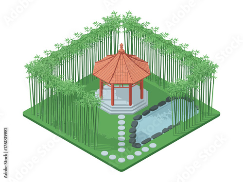 Square bamboo garden isometric, red roof pavilion with pond, stone path stepping circles, tranquil zen landscape vector