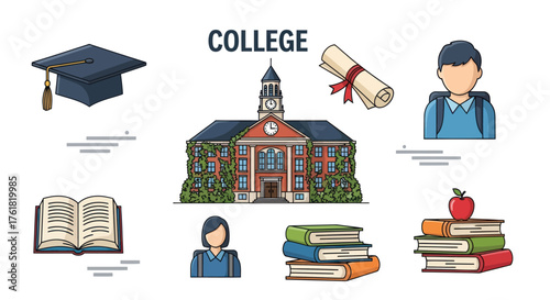 College Education Elements: Graduation Cap Building Diploma Books and Students.