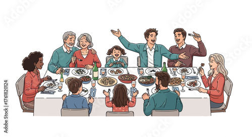 Family Gathering Around a Table for a Meal Sharing Food and Conversation.