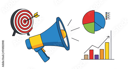 Digital Marketing Megaphone with Business Strategy and Growth Icons.
