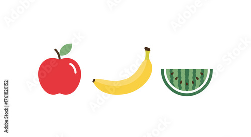 Vibrant Red Apple Yellow Banana and Watermelon Slice Illustration.