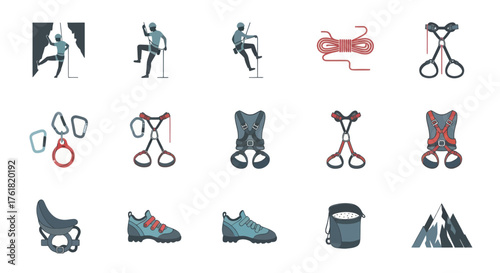 A collection of flat vector icons for rock climbing and mountaineering including gear and equipment.
