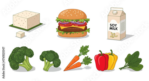Illustrated collection of vegan food items including a veggie burger tofu soy milk broccoli carrots and bell peppers.