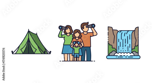 Family Camping and Nature Exploration Icons with Tent Binoculars Waterfall.