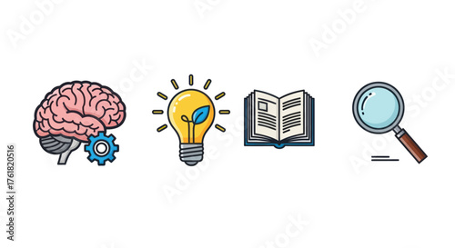 Brain Lightbulb Book Magnifying Glass Icons for Idea Learning and Research.