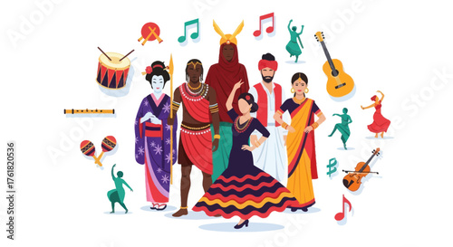 A vibrant illustration of global cultures music and dance with diverse characters in traditional attire.