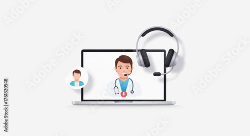 Virtual Telemedicine Doctor Consultation on Laptop Screen with Headset.