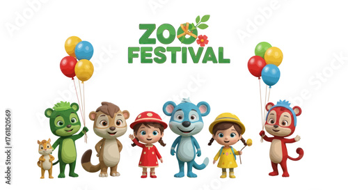 A group of cute 3D cartoon characters including animals and children celebrating at a Zoo Festival with colorful balloons.
