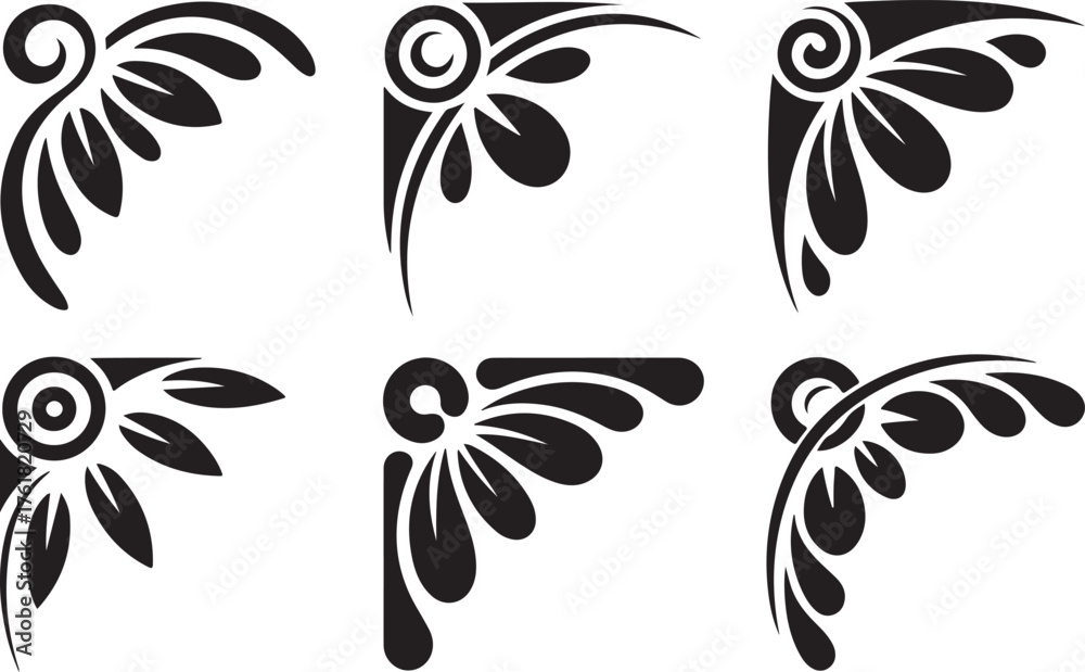 Obraz premium Ornate Corner Decorations Silhouette Set Vector Illustration Representing Decorative Frame Design