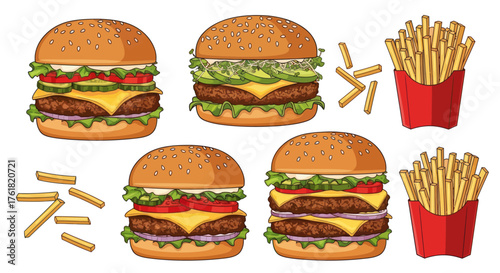 Delicious Cartoon Burgers and Fries: A Fast Food Feast Illustration.
