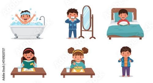 Vector illustration set of childrens daily routine activities like bathing brushing teeth sleeping and studying.