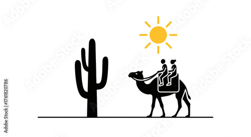 Camel Ride in Desert with Cactus and Sun Illustration.