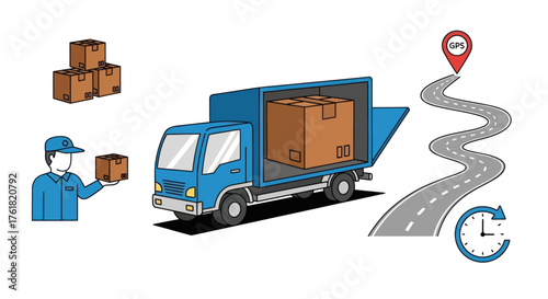 Logistics and delivery service concept with a blue truck courier packages and a GPS tracking route.