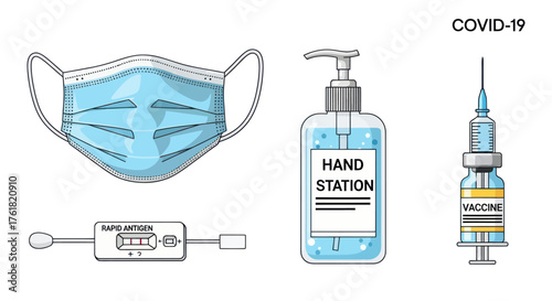 Illustrated collection of COVID-19 pandemic items: face mask hand sanitizer rapid test and vaccine.