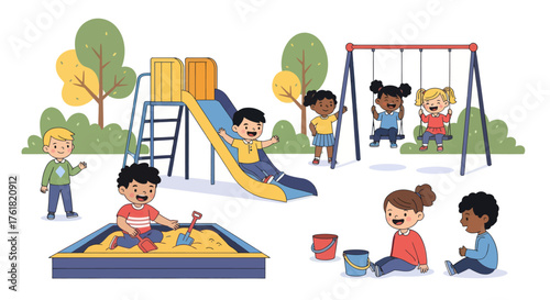 Children Playing Joyfully in a Colorful Playground Scene.
