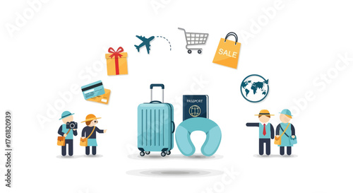 Turquoise Rolling Suitcase with Travel Accessories and Passport.